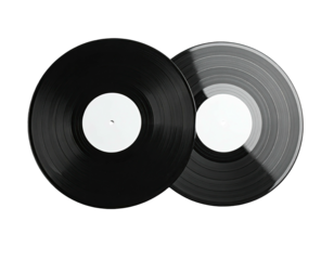 Two vinyl records, one black and one gray, with white center labels, on a black background