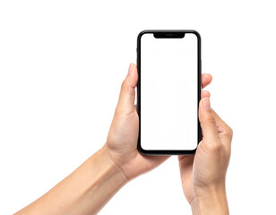 Human hands holding a smartphone with a blank, white screen against a black backdrop
