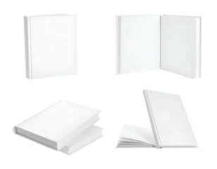 Four white, blank books shown from different angles, emphasizing the cover and open pages
