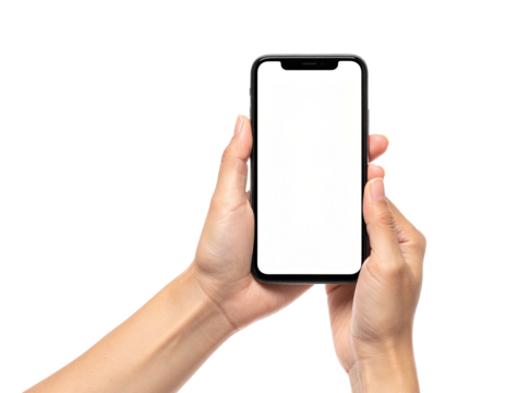 Human hands holding a smartphone with a blank, white screen against a black backdrop