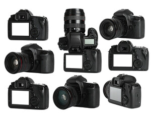 A collage showcasing a collection of digital single-lens reflex cameras against a black backdrop