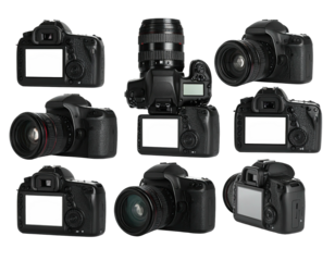 A collage showcasing a collection of digital single-lens reflex cameras against a black backdrop