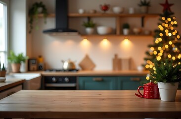 Empty table in the kitchen for presentation. Christmas decor. High quality photo