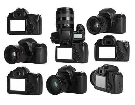 A collage showcasing a collection of digital single-lens reflex cameras against a black backdrop