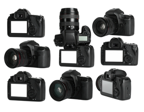 A collage showcasing a collection of digital single-lens reflex cameras against a black backdrop