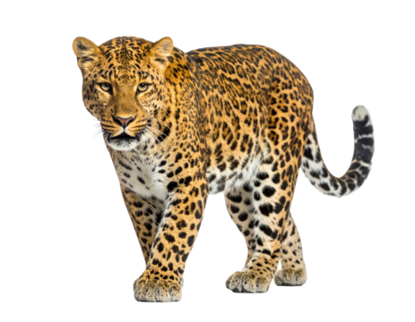 A regal leopard, with distinctive spots, stares forward against a stark black background