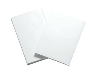 Two blank, rectangular white paper sheets slightly overlapping on a black background