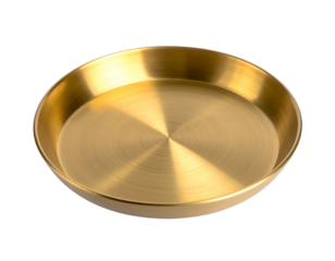 A circular metallic dish, featuring a shiny gold finish against a black background