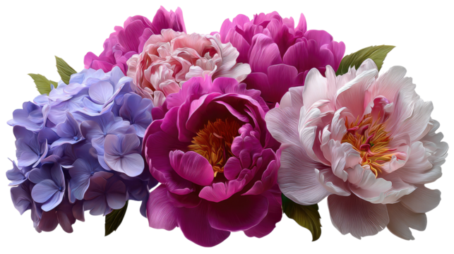 Floral Harmony: A vibrant bouquet of peonies and hydrangeas bursts with color and life, a perfect embodiment of beauty, elegance, and the joyous spirit of nature.