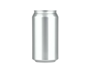 A cylindrical, metallic beverage container with a seamless body and pull-tab at the top