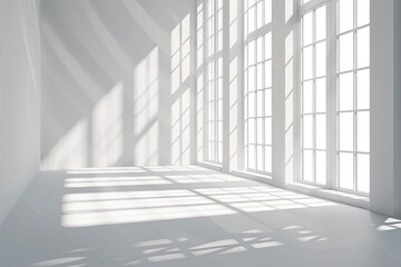 Fototapeta premium Empty white room with sun shining through windows, abstract space for design