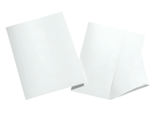 Two blank, white sheets of paper; one folded open, casting a subtle shadow