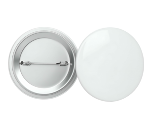 A studio shot showing two blank, round badges with a safety pin on the back of one