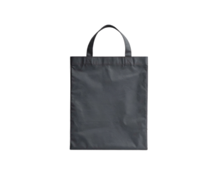 Simple, dark grey tote bag with handles, isolated on a solid black background
