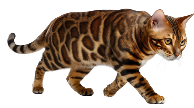 Bengal Cat Strolling Gracefully: An elegant Bengal cat, showcasing its unique spotted coat, confidently strides forward with a captivating gaze, ready to explore.