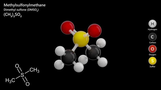 Animated 3D model of Methylsulfonylmethane (MSM). Medicinal compound with molecular formula C2H6O2S. Chemical model: Ball and stick. Black background. 3D rendering. Seamless loop.