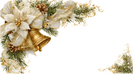 Green pine branch Christmas wreath with golden ribbon, red bells, and bow ornament decoration for the winter holiday season