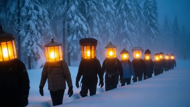 Lanternlit procession through snowy forest embraces winter serenity and community togetherness. 4k Video footage