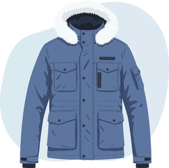 Blue hooded winter parka jacket with fur trim and pockets for outdoor adventures isolated on transparent background © mrvect02