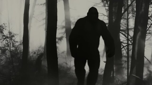 Mysterious bigfoot creature walking through a misty forest