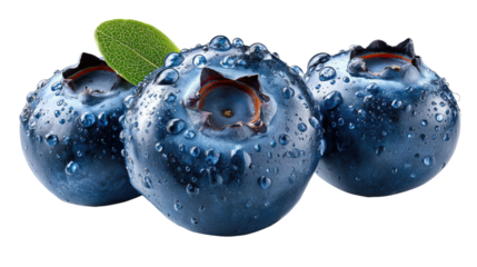 Delicious Blueberries: Three plump, juicy blueberries, each adorned with glistening water droplets, are a visual delight. A fresh leaf adds a touch of natural beauty to the scene.