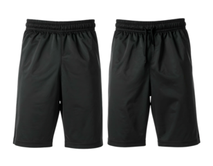 Two views of black athletic shorts with elastic waistband and drawstring, isolated on black