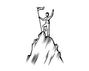 Man Successfully Climb Mountain and Planting a Flag as Symbolization of Success and Achievement