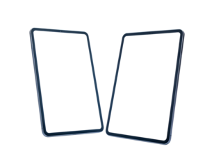 Two dark-screened rectangular devices angled toward each other on a black background