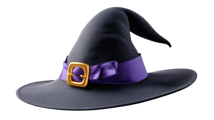 Mystical Witch's Hat: A stylish black witch's hat with a purple ribbon and a gold buckle. Perfect for Halloween, magic, or costume themes.