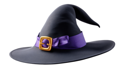 Mystical Witch's Hat: A stylish black witch's hat with a purple ribbon and a gold buckle. Perfect for Halloween, magic, or costume themes.