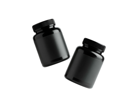 Two dark, matte pill bottles against a black background, possibly for health supplements