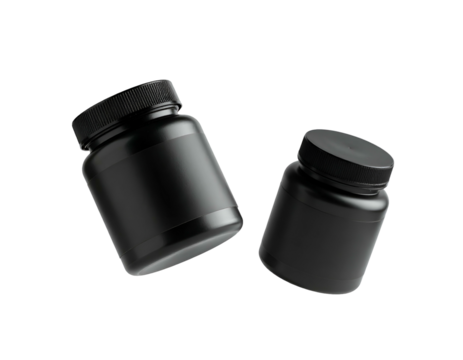 Two dark, unlabeled supplement jars, one larger than the other, float against black backdrop - Powered by Adobe