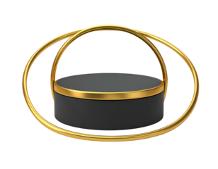 A 3D rendered, minimalist stage composed of black, golden rings and cylindrical platform