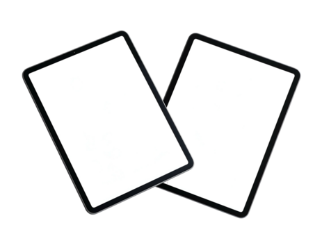 Two rectangular devices with blank white screens, slightly overlapping on a black background
