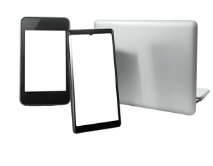 Mockup of multiple electronic devices showing a phone, tablet and laptop with white screens
