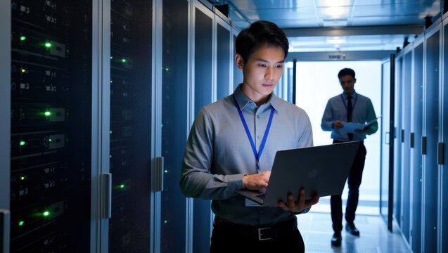 Data center technician working on laptop server room professional photography corporate environment focused view technology insights