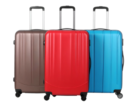 Three upright suitcases of different colors with extendable handles, on a black background