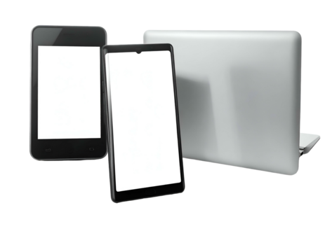Mockup of multiple electronic devices showing a phone, tablet and laptop with white screens
