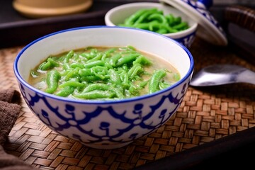 Lod chong Thai Dessert made with flour in coconut milk,pandan noodled with coconut milk,cendol