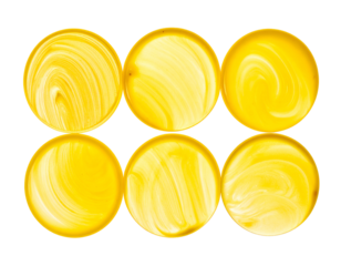 Six circular yellow elements arranged in two rows, with flowing, textured light