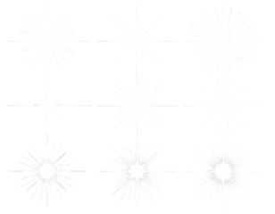 Nine white stylized starburst designs on a dark background, arranged in three rows