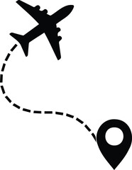 Black silhouette of an airplane in flight with a dashed line path ending at a location pin, symbolizing travel, navigation, tourism, or logistics.