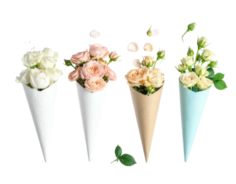 Assorted bouquets of roses in paper cones, arranged against a black background