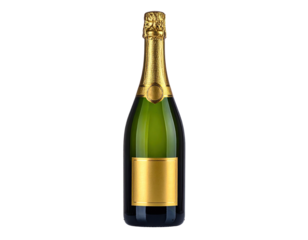 A full champagne bottle with a golden foil neck and a blank label, isolated on black