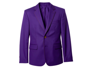 A single-breasted men's purple blazer, featuring contrasting stitching and a button closure