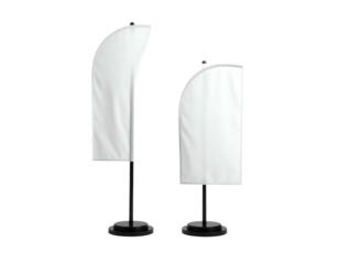 Two white feather flags, tall and short, on black stands, against a black background