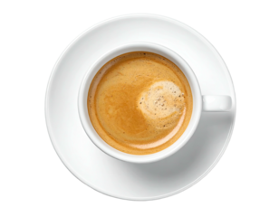 Overhead shot of a white porcelain cup filled with rich brown coffee atop a white saucer