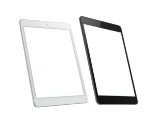 Two digital tablets, one white, one black, each tilted, with bright blank screens