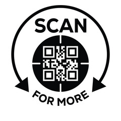 Black and white vector icon featuring a QR code inside a stylized frame, enclosed by a circular arrow and the text 