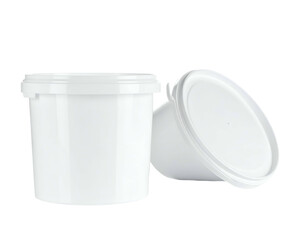 Two white plastic containers with lids, one upright, the other tilted, against a black background